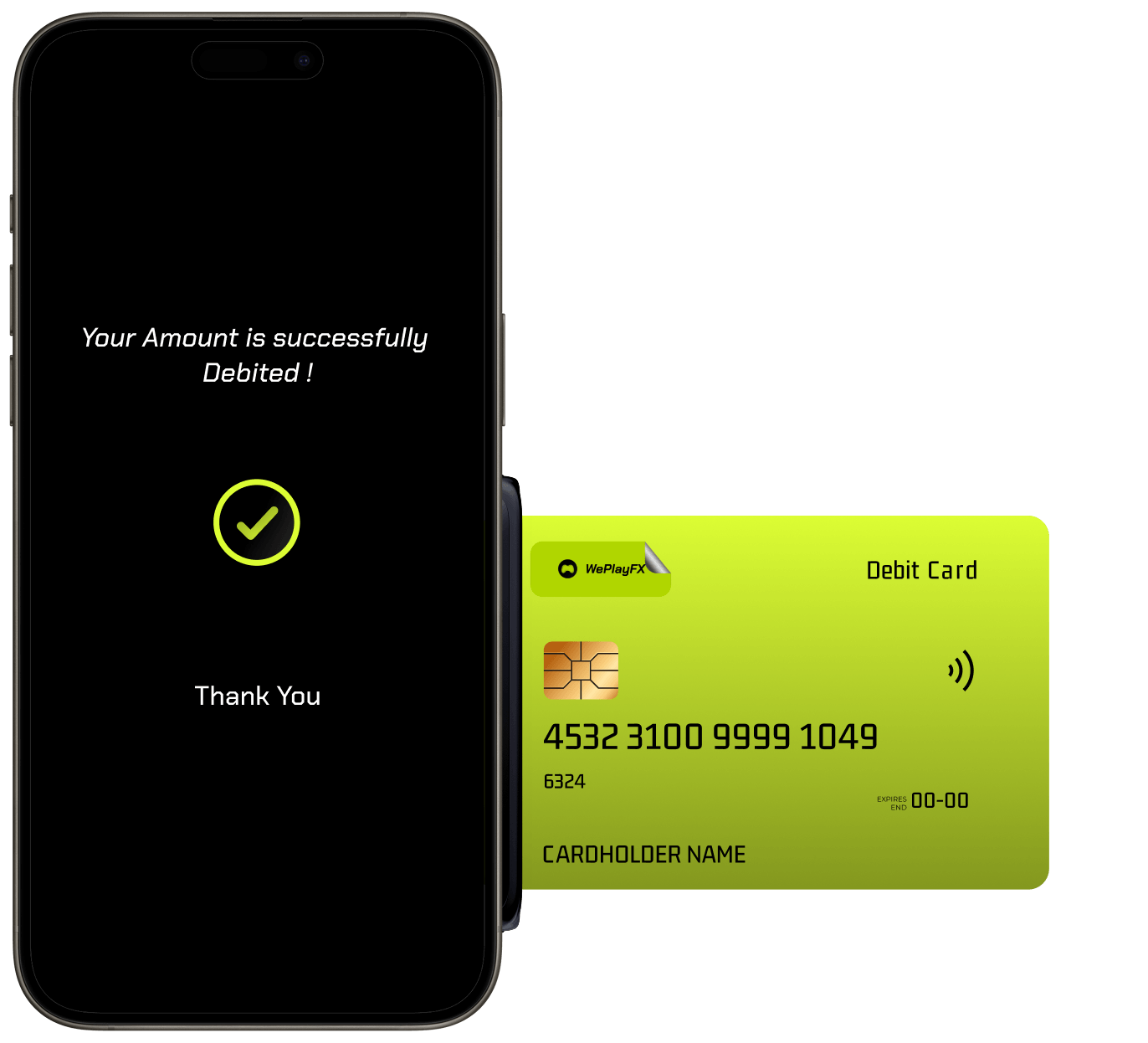 Debit card and phone showing secure payment UI