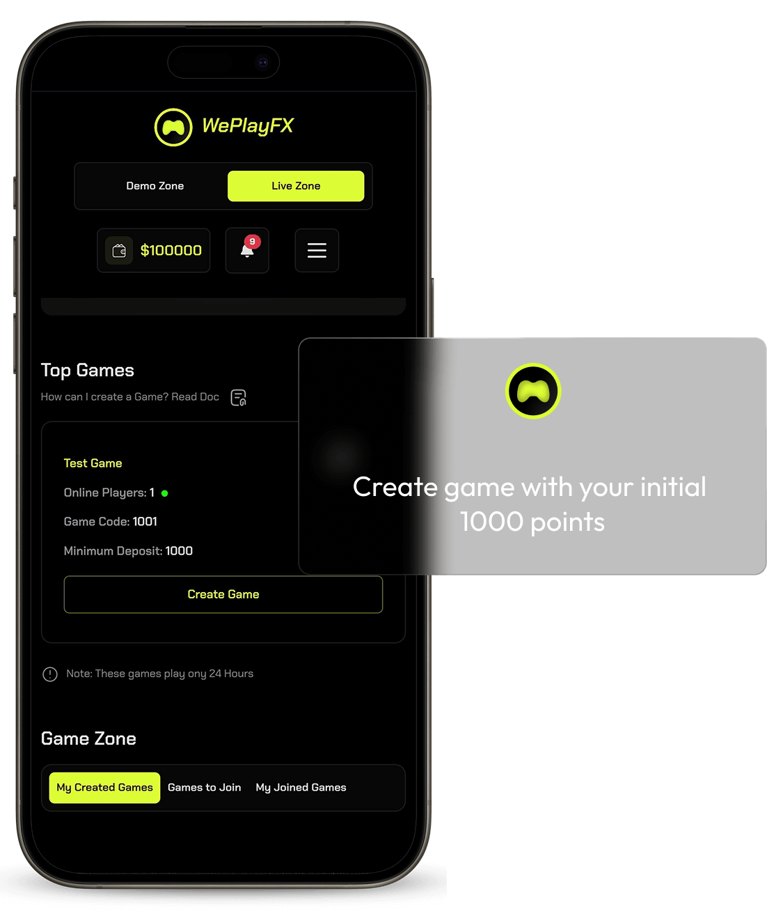 Phone showing a list of available trading games