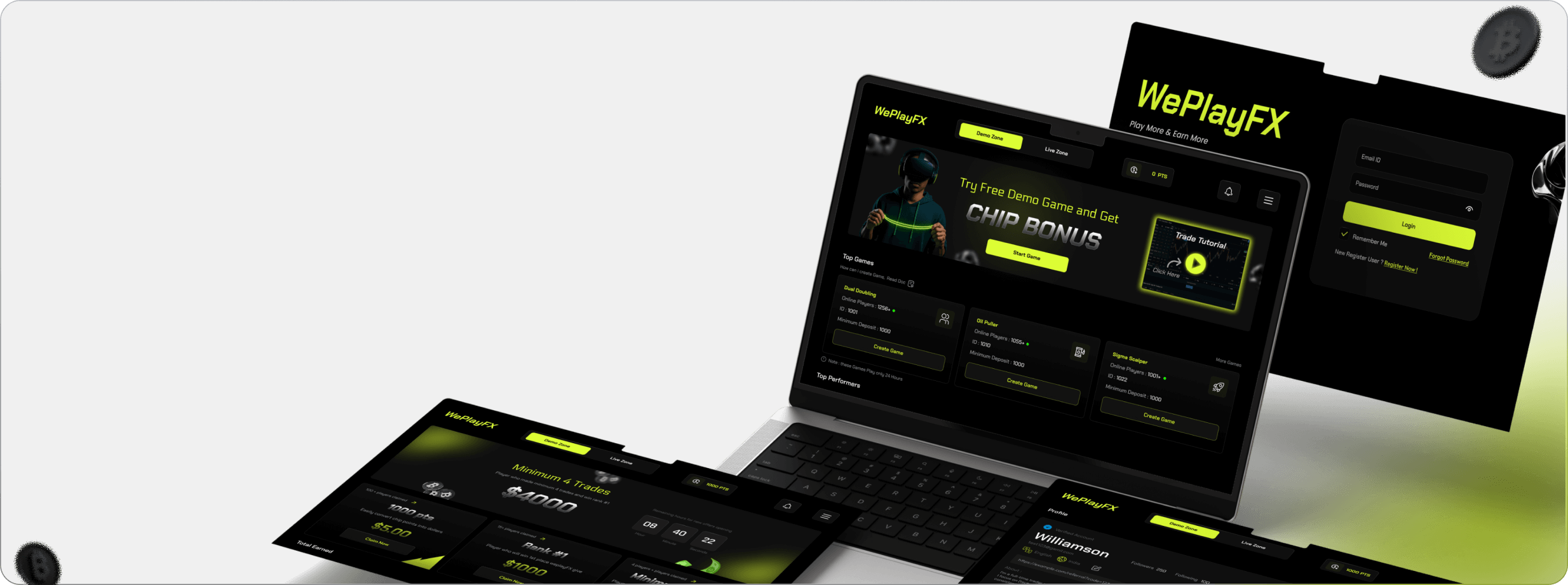 Group of mobile devices showing the WePlayFX app